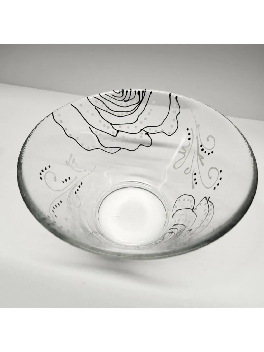 Floral Hand Painted Glass Bowl Black & White Rose